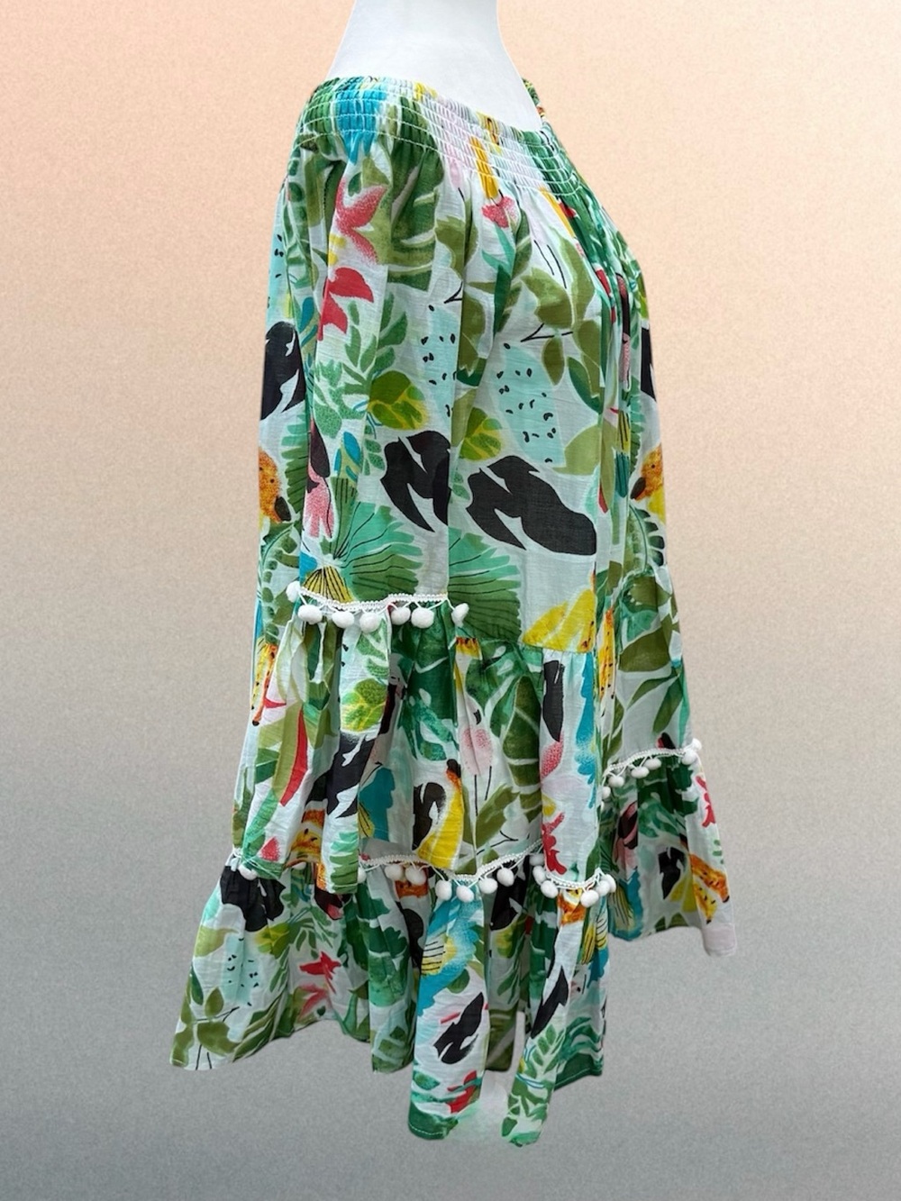 True Destinations Resort Wear Off-Shoulder Tropical Print Pom-Pom Dress, Medium - Picture 2 of 7